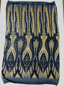 Mermaid Design Sequins Fabric - Navy Blue / Gold - Sequins Fabric 4 Way Stretch on Mesh By Yard