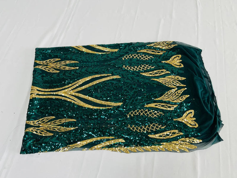 Mermaid Design Sequins Fabric - Hunter Green / Gold - Sequins Fabric 4 Way Stretch on Mesh By Yard