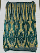 Mermaid Design Sequins Fabric - Hunter Green / Gold - Sequins Fabric 4 Way Stretch on Mesh By Yard