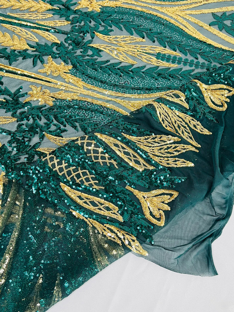 Mermaid Design Sequins Fabric - Hunter Green / Gold - Sequins Fabric 4 Way Stretch on Mesh By Yard