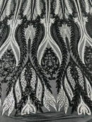 Mermaid Design Sequins Fabric - Black / Silver - Sequins Fabric 4 Way Stretch on Mesh By Yard
