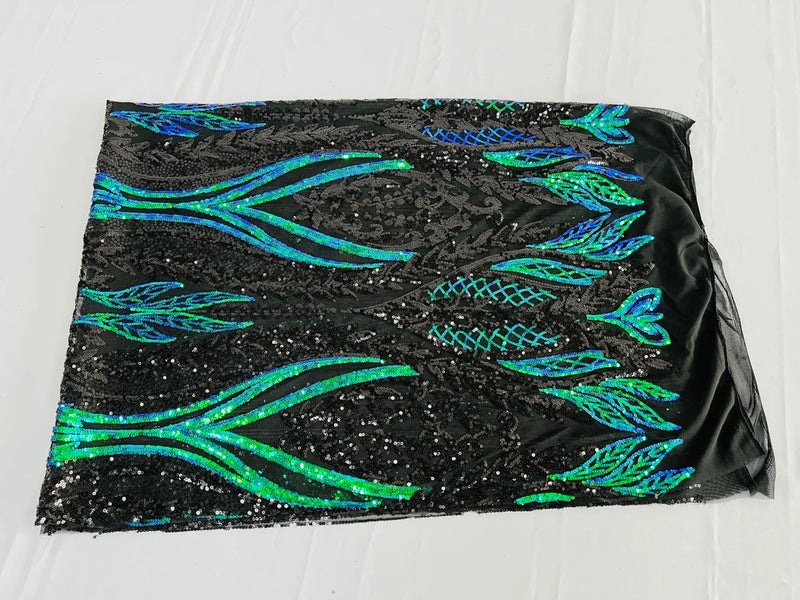 Mermaid Design Sequins Fabric - Blue Green Iridescent / Black - Sequins Fabric 4 Way Stretch on Mesh By Yard
