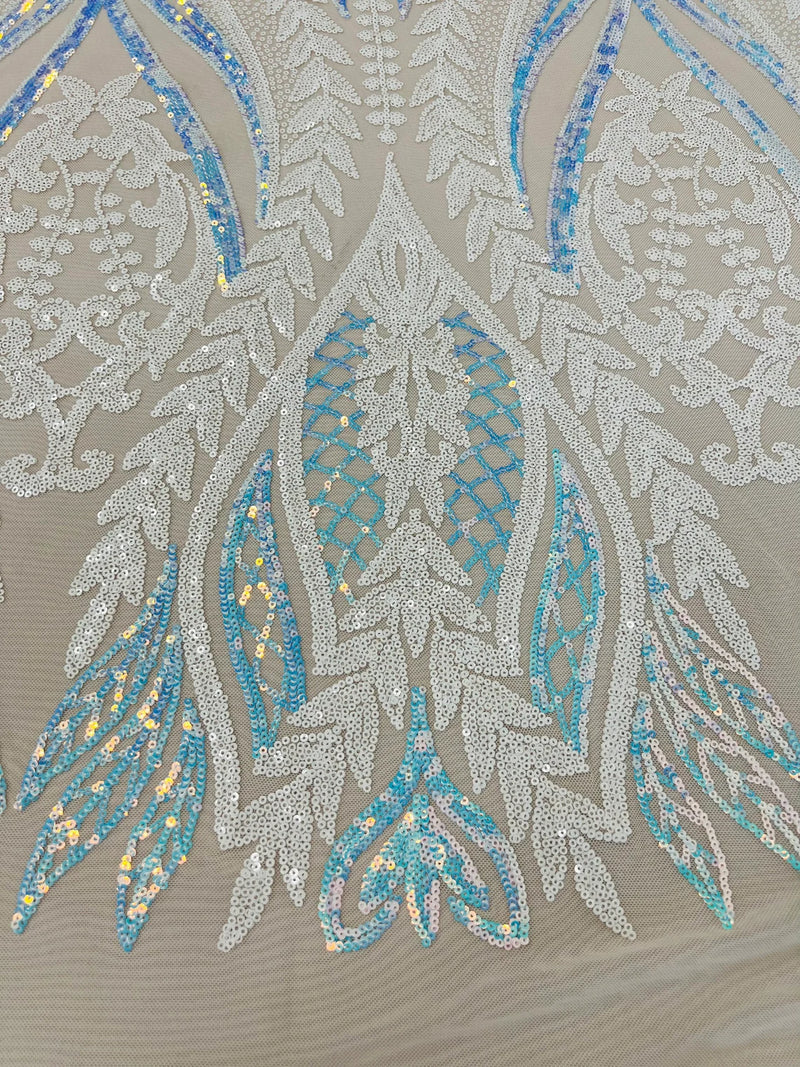 Mermaid Design Sequins Fabric - White/Blue - Sequins Fabric 4 Way Stretch on Mesh By Yard