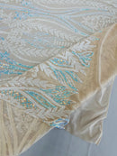 Mermaid Design Sequins Fabric - White/Blue - Sequins Fabric 4 Way Stretch on Mesh By Yard