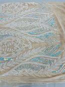 Mermaid Design Sequins Fabric - White/Blue - Sequins Fabric 4 Way Stretch on Mesh By Yard