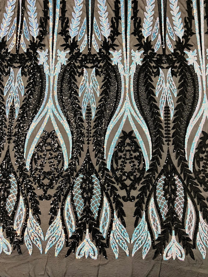 Mermaid Design Sequins Fabric - Black/Blue - Sequins Fabric 4 Way Stretch on Mesh By Yard