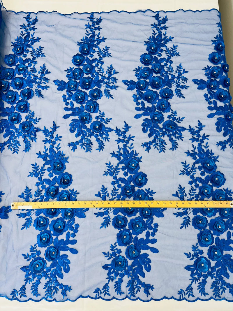3D Rhinestone Rose Fabric - Royal Blue - Embroidered 3D Roses Design on Mesh Fabric Sold by Yard