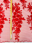 3D Rhinestone Rose Fabric - Red - Embroidered 3D Roses Design on Mesh Fabric Sold by Yard