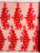 3D Rhinestone Rose Fabric - Red - Embroidered 3D Roses Design on Mesh Fabric Sold by Yard