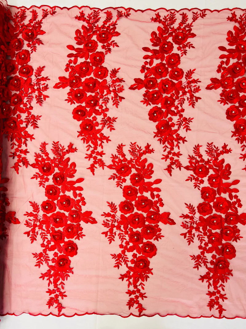 3D Rhinestone Rose Fabric - Red - Embroidered 3D Roses Design on Mesh Fabric Sold by Yard