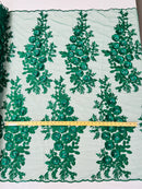 3D Rhinestone Rose Fabric - Hunter Green - Embroidered 3D Roses Design on Mesh Fabric Sold by Yard