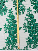 3D Rhinestone Rose Fabric - Hunter Green - Embroidered 3D Roses Design on Mesh Fabric Sold by Yard