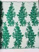 3D Rhinestone Rose Fabric - Hunter Green - Embroidered 3D Roses Design on Mesh Fabric Sold by Yard