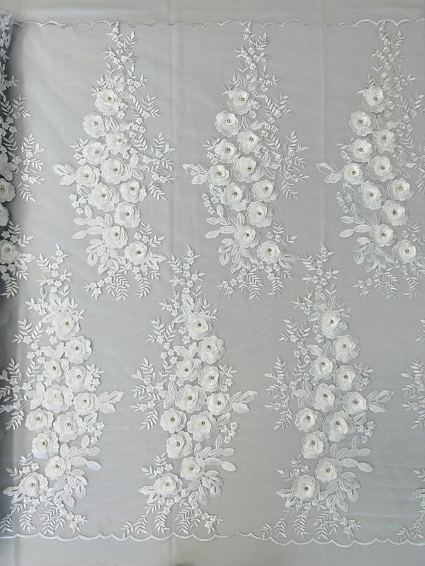 3D Rhinestone Rose Fabric - White - Embroidered 3D Roses Design on Mesh Fabric Sold by Yard