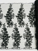 3D Rhinestone Rose Fabric - Black - Embroidered 3D Roses Design on Mesh Fabric Sold by Yard