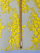 3D Rhinestone Rose Fabric - Yellow - Embroidered 3D Roses Design on Mesh Fabric Sold by Yard