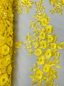 3D Rhinestone Rose Fabric - Yellow - Embroidered 3D Roses Design on Mesh Fabric Sold by Yard