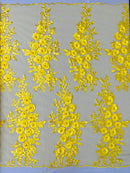 3D Rhinestone Rose Fabric - Yellow - Embroidered 3D Roses Design on Mesh Fabric Sold by Yard