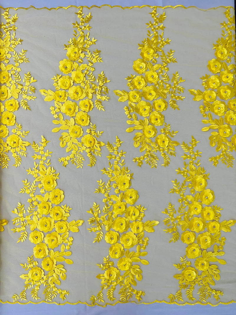 3D Rhinestone Rose Fabric - Yellow - Embroidered 3D Roses Design on Mesh Fabric Sold by Yard