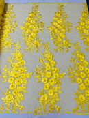 3D Rhinestone Rose Fabric - Yellow - Embroidered 3D Roses Design on Mesh Fabric Sold by Yard