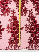 3D Rhinestone Rose Fabric - Burgundy - Embroidered 3D Roses Design on Mesh Fabric Sold by Yard