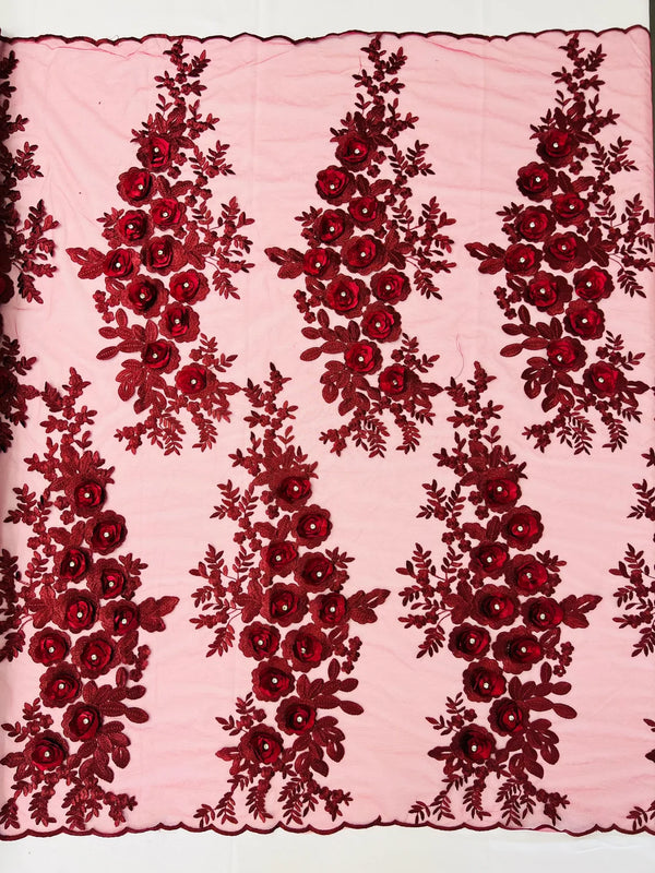 3D Rhinestone Rose Fabric - Burgundy - Embroidered 3D Roses Design on Mesh Fabric Sold by Yard