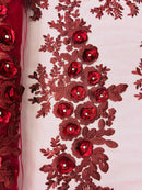 3D Rhinestone Rose Fabric - Burgundy - Embroidered 3D Roses Design on Mesh Fabric Sold by Yard