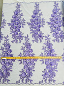 3D Rhinestone Rose Fabric - Lilac - Embroidered 3D Roses Design on Mesh Fabric Sold by Yard