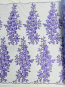 3D Rhinestone Rose Fabric - Lilac - Embroidered 3D Roses Design on Mesh Fabric Sold by Yard