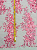 3D Rhinestone Rose Fabric - Candy Pink - Embroidered 3D Roses Design on Mesh Fabric Sold by Yard