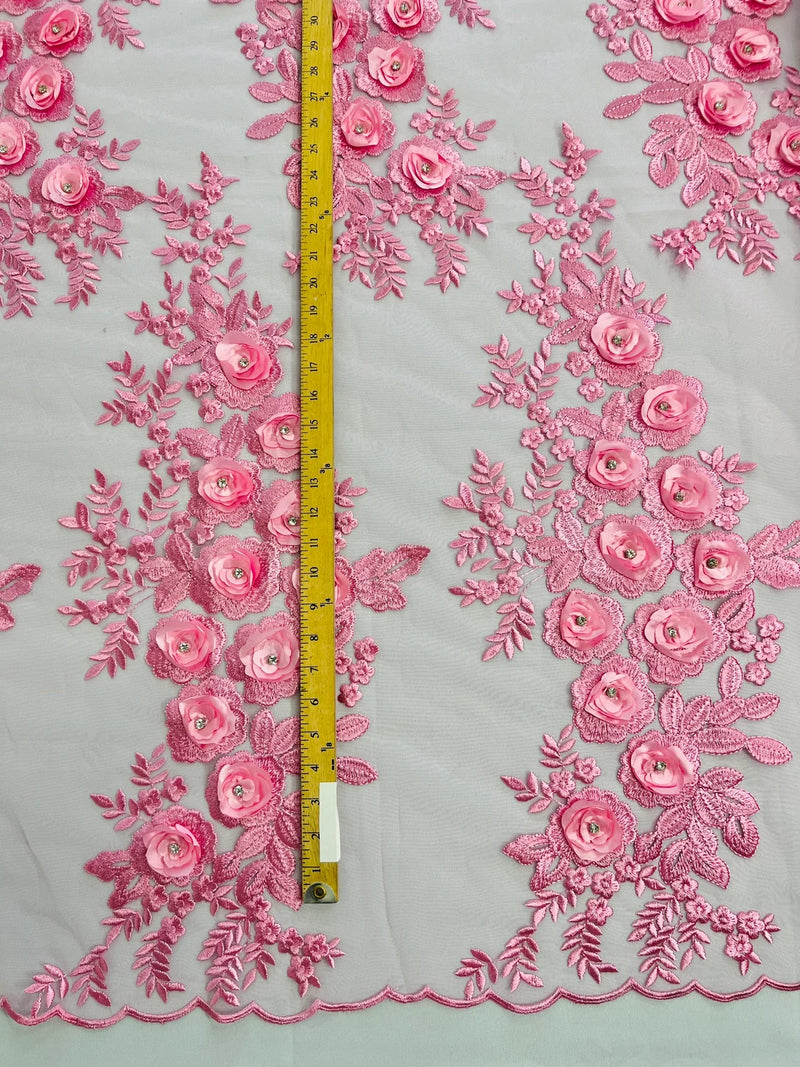 3D Rhinestone Rose Fabric - Candy Pink - Embroidered 3D Roses Design on Mesh Fabric Sold by Yard