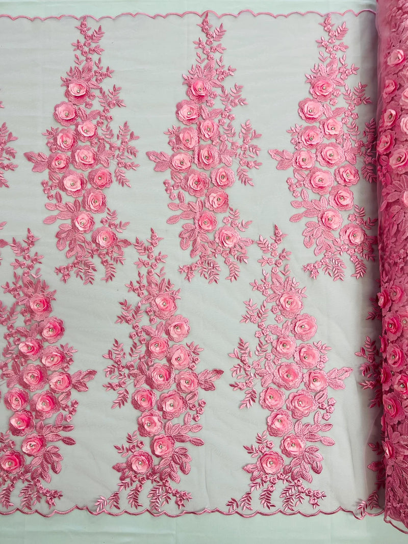 3D Rhinestone Rose Fabric - Candy Pink - Embroidered 3D Roses Design on Mesh Fabric Sold by Yard