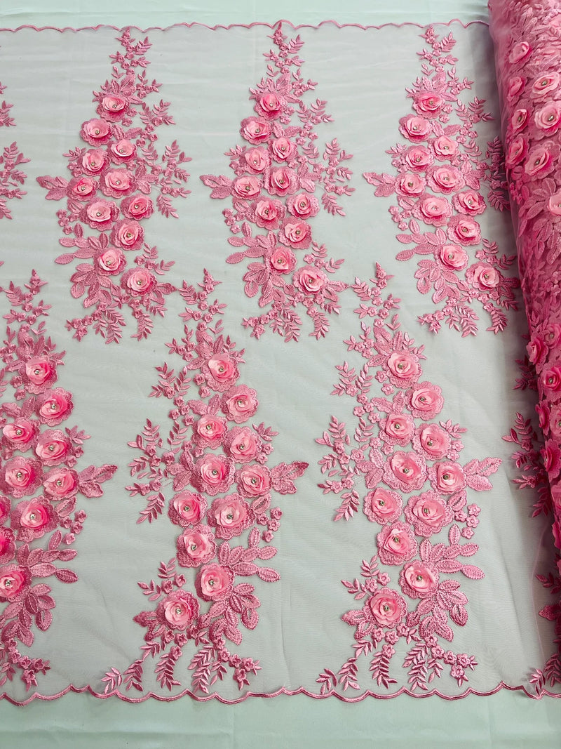 3D Rhinestone Rose Fabric - Candy Pink - Embroidered 3D Roses Design on Mesh Fabric Sold by Yard