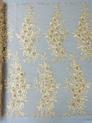 3D Rhinestone Rose Fabric - Champagne - Embroidered 3D Roses Design on Mesh Fabric Sold by Yard