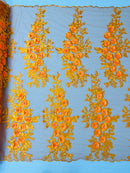 3D Rhinestone Rose Fabric - Orange - Embroidered 3D Roses Design on Mesh Fabric Sold by Yard