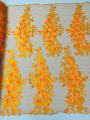 3D Rhinestone Rose Fabric - Orange - Embroidered 3D Roses Design on Mesh Fabric Sold by Yard