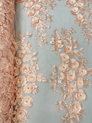 3D Rhinestone Rose Fabric - Blush - Embroidered 3D Roses Design on Mesh Fabric Sold by Yard