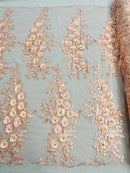 3D Rhinestone Rose Fabric - Blush - Embroidered 3D Roses Design on Mesh Fabric Sold by Yard