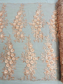 3D Rhinestone Rose Fabric - Blush - Embroidered 3D Roses Design on Mesh Fabric Sold by Yard