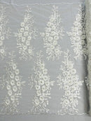 3D Rhinestone Rose Fabric - Off-White - Embroidered 3D Roses Design on Mesh Fabric Sold by Yard