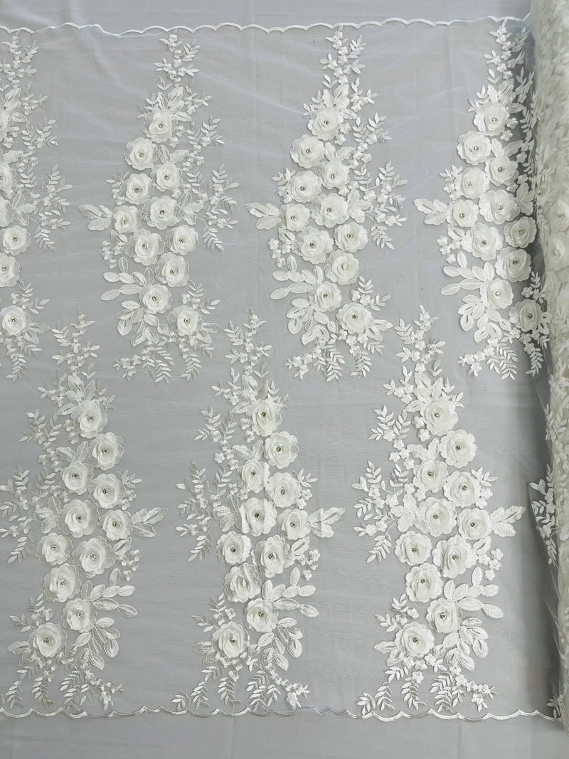 3D Rhinestone Rose Fabric - Off-White - Embroidered 3D Roses Design on Mesh Fabric Sold by Yard