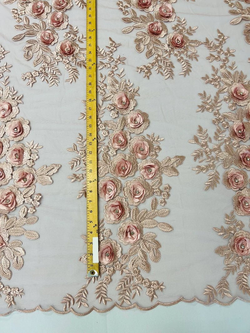 3D Rhinestone Rose Fabric - Dusty Rose - Embroidered 3D Roses Design on Mesh Fabric Sold by Yard
