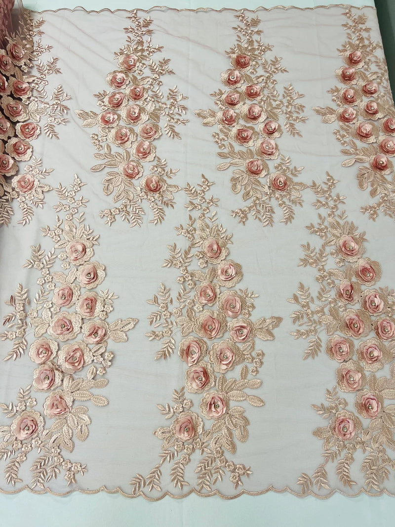 3D Rhinestone Rose Fabric - Dusty Rose - Embroidered 3D Roses Design on Mesh Fabric Sold by Yard