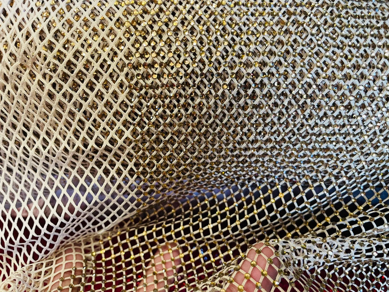 Fish Net Spandex Rhinestone Fabric - Gold - Solid Spandex Fish Net Design Fabric with Rhinestones by Yard
