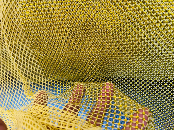 Fish Net Spandex Rhinestone Fabric - Yellow - Solid Spandex Fish Net Design Fabric with Rhinestones by Yard