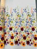 3D Floral and Leaves Embroidery - Champagne - Multi Color Flower Design on Mesh by Yard