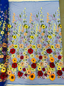 3D Floral and Leaves Embroidery - Royal Blue - Multi Color Flower Design on Mesh by Yard