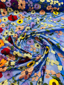 3D Floral and Leaves Embroidery - Royal Blue - Multi Color Flower Design on Mesh by Yard