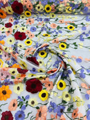 3D Floral and Leaves Embroidery - Off-White - Multi Color Flower Design on Mesh by Yard