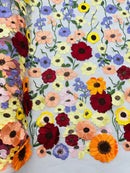 3D Floral and Leaves Embroidery - Off-White - Multi Color Flower Design on Mesh by Yard
